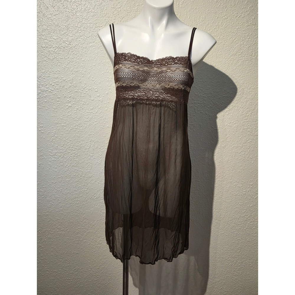 Intimissimi Brown Sheer Mesh Lace Trim Babydoll Chemise Nightgown Size L Large